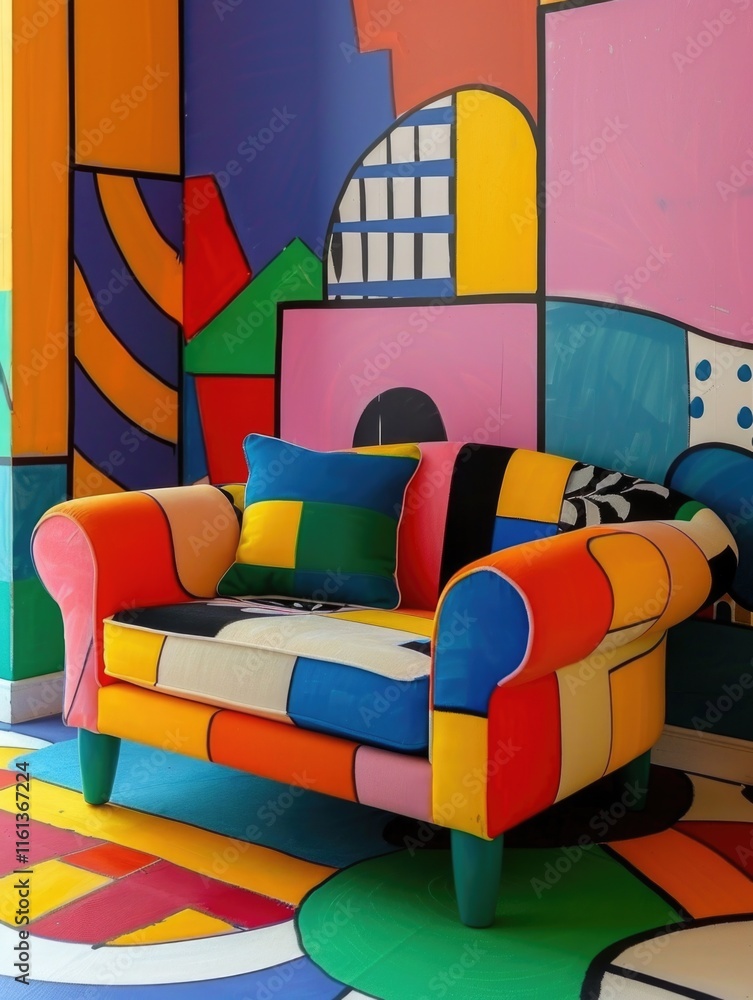 Poster colorful couch with a colorful wall behind it. the couch is made of different colored pieces of fabr