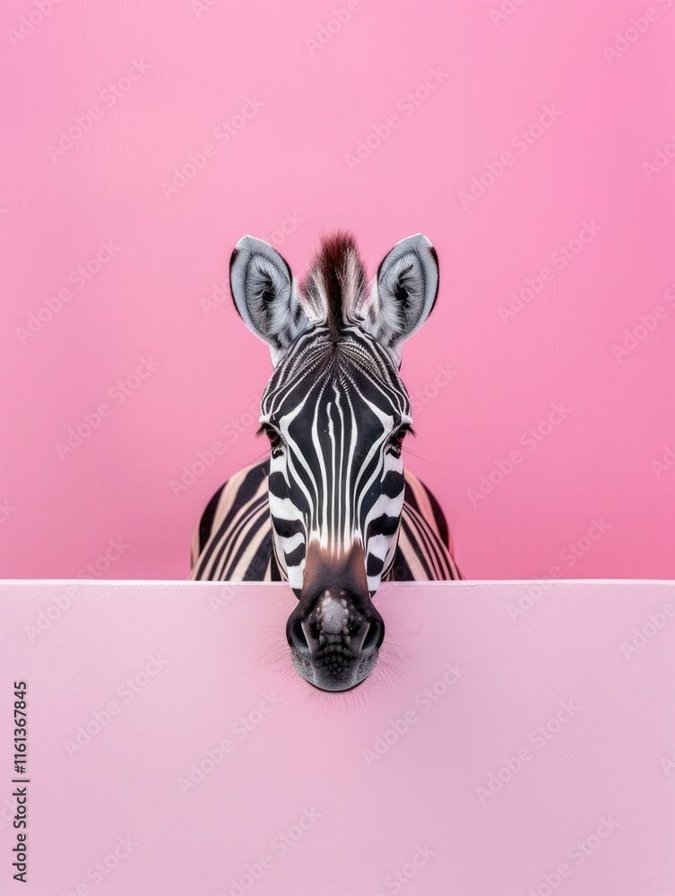 Poster zebra is standing in front of a pink background. the zebra is looking directly at the camera