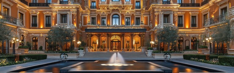 Fototapeta premium Luxurious hotel features elaborate architecture, grand entrance, and a stunning fountain illuminated at night