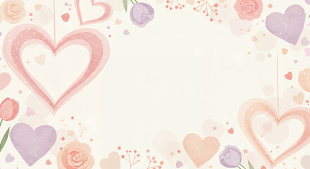 Watercolor Valentine's Day Background with Hearts, Flowers, and Soft Pastel Colors