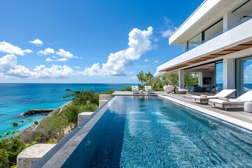 Fototapeta premium Modern beach villa with infinity pool and ocean view.