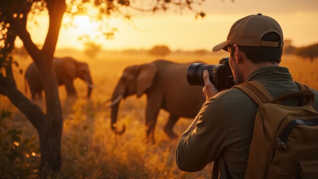 Fototapeta Man photographing elephants at sunset