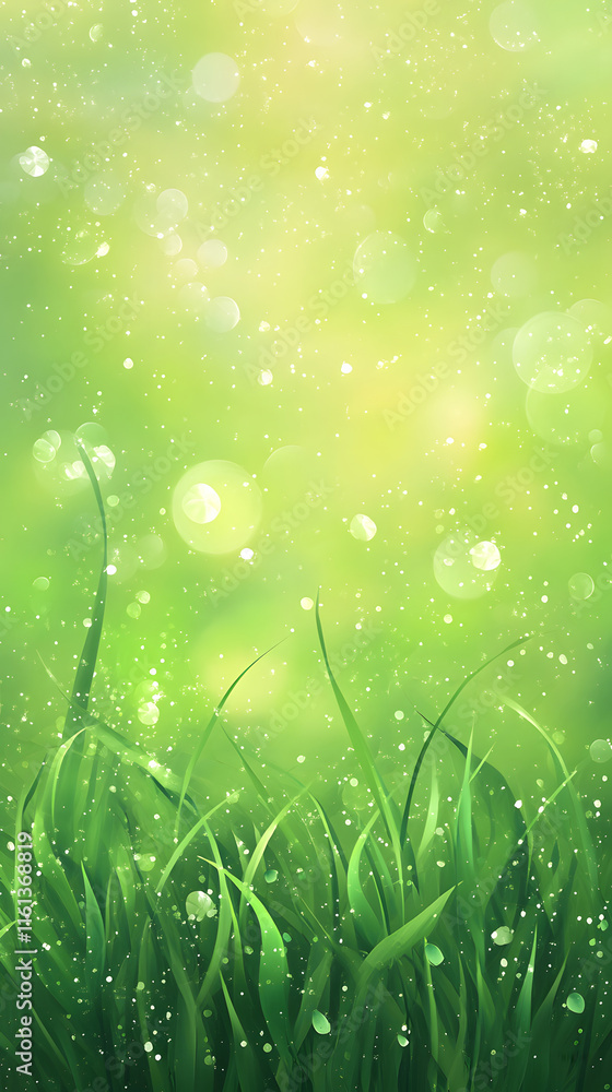 Poster abstract background featuring fresh green grass with glowing bokeh lights creating a serene natural 