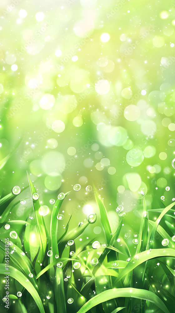 Poster abstract background featuring fresh green grass with dewdrops and a soft bokeh effect, creating a se