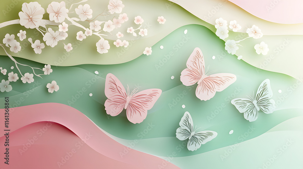 Poster abstract background featuring layered paper in soft pastel colors with delicate butterflies and cher