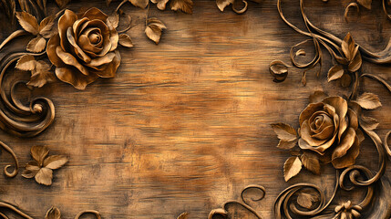 abstract background featuring engraved wood with decorative rose motifs and intricate flowing vines in warm earthy tones