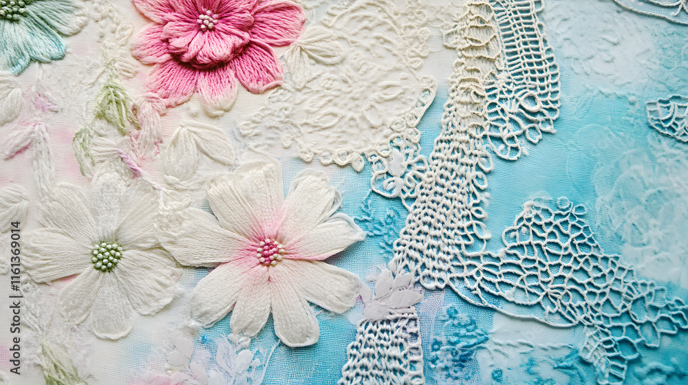 Poster Abstract background featuring intricate lace patterns and delicate flowers in soft pastel hues, creating a harmonious blend of textures and colors