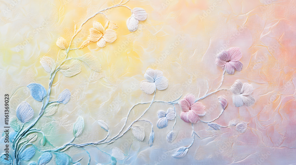 Poster an abstract background features delicate floral patterns with pastel colors, creating a serene and a