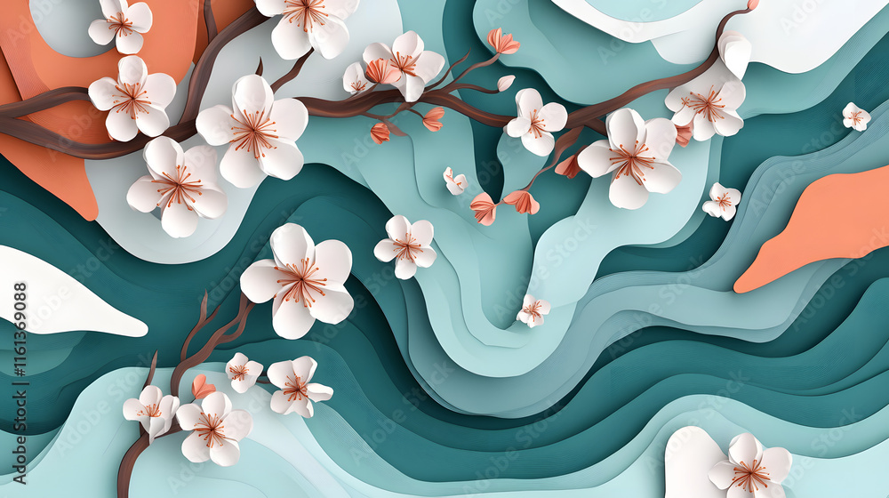 Poster abstract background featuring flowing waves in teal and white, adorned with delicate paper-style flo