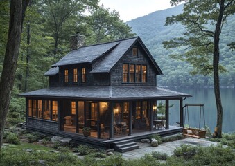 Rural summer house features a cozy wrap-around porch, swing, and serene lake view amidst a tranquil forest landscape