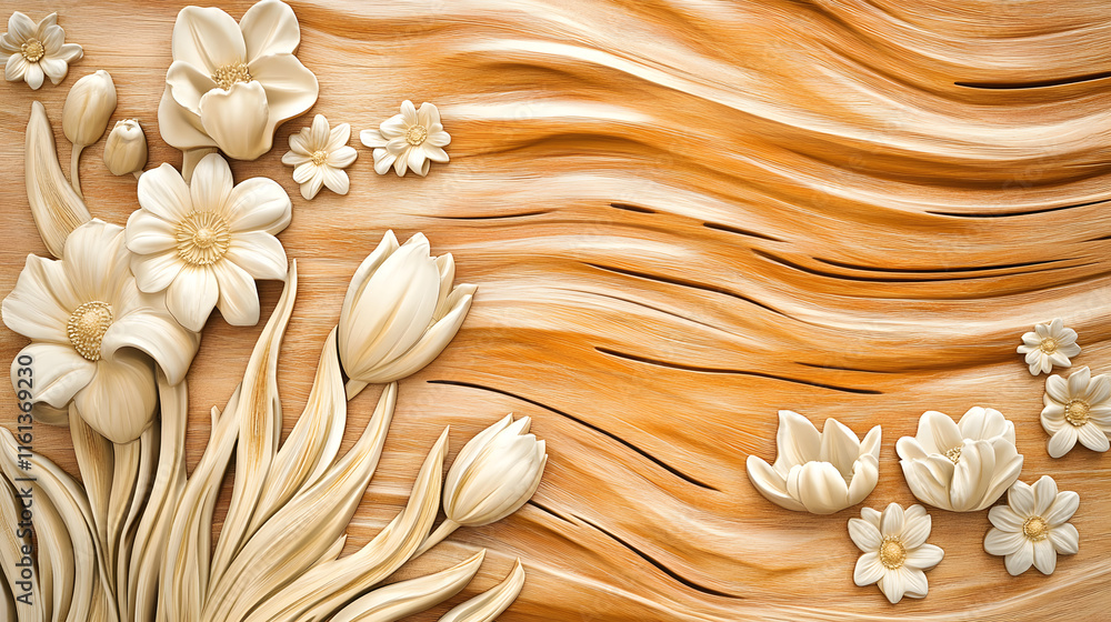 Poster abstract background featuring hand-carved flowers in soft beige tones, blending with smooth wavy tex