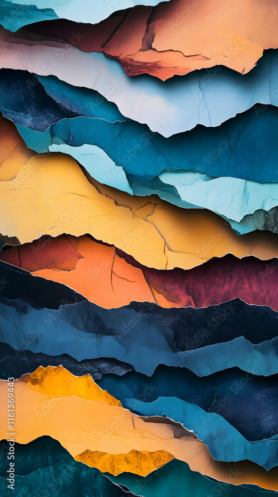 Poster abstract background showcasing layered torn paper in vibrant colors of blue, orange, and reddish hue