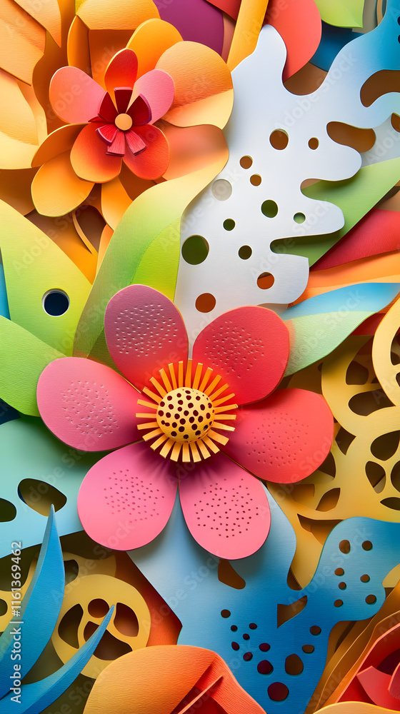 Poster colorful abstract background featuring intricate layers of perforated paper and vibrant flowers in v