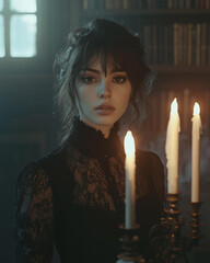 mysterious vintage-inspired scene featuring a woman holding a gothic-style candelabrum with lit candles, the soft glow of the flames illuminating her face.  