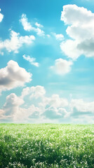 Obraz premium Dreamy abstract background showcasing soft clouds in a bright blue sky above a field of delicate white flowers swaying in a gentle breeze