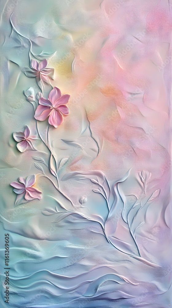 Poster colorful abstract background features embossed textures with delicate floral elements in soft pastel