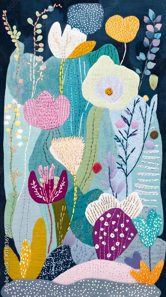 Poster a vibrant abstract background showcasing hand-stitched floral patterns in various colors and texture