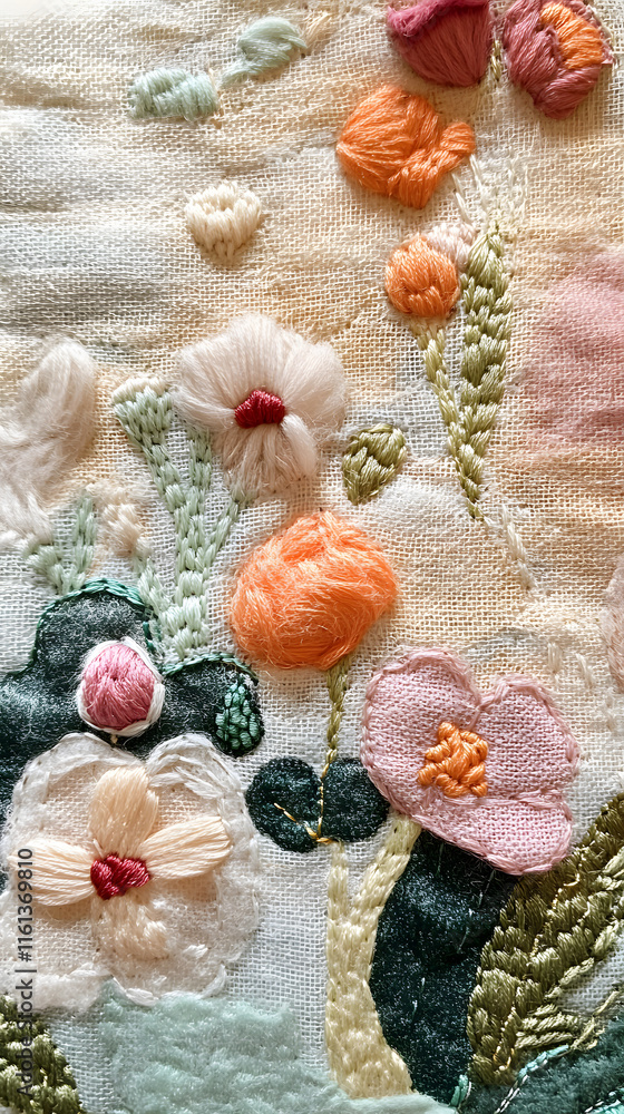Poster colorful embroidery showcases delicate floral patterns with intricate textures on a soft fabric back
