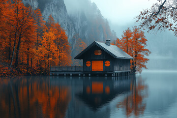 Fototapeta premium hoto réaliste professionnelle d’un lac de montagne pittoresque entouré de feuillages automnaux vibrants, avec des reflets parfaits et une légère brume s’élevant de la surface