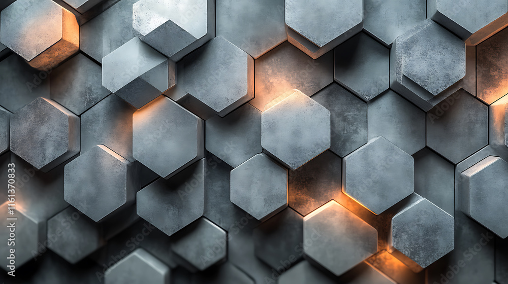 Poster modern hexagonal wall design with glowing accents in gray and metallic style, creating sleek and con