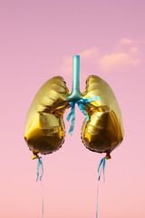 Obraz premium pair of metallic golden balloon lungs floating against a vibrant pastel pink sky, tied together with delicate blue ribbons. 