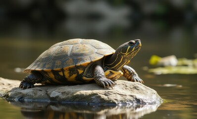 A turtle basking on a rock