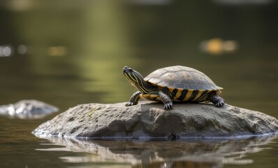 A turtle basking on a rock