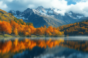 Obraz premium hoto réaliste professionnelle d’un lac de montagne pittoresque entouré de feuillages automnaux vibrants, avec des reflets parfaits et une légère brume s’élevant de la surface