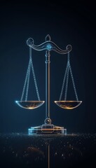 Futuristic digital scale symbolizing balance and justice in a glowing digital world.