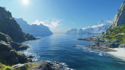 Obraz premium A beautiful coastal scene with mountains, clear blue water, and a shining sun. The calm waves gently touch the rocky shoreline, creating a peaceful atmosphere in nature.
