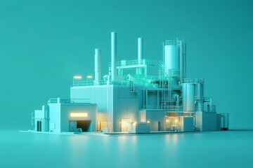 Obraz premium Futuristic factory model with green ambient lighting, showcasing industrial innovation.