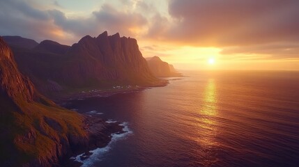 Serene Sunset Over the Majestic Cliffs and Ocean Waves, Aerial View of Nature's Beauty with Vibrant Colors in the Sky and Reflection on the Water