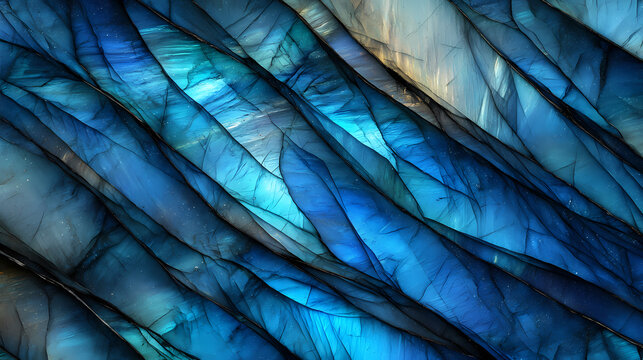 Natural gemstone polished blue-green labradorite texture on blue polished marble slab. (ai generated). Labradorite. Illustration