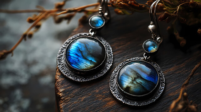 Natural labradorite lapis moonstone malachite dangle earrings. Labradorite. Illustration