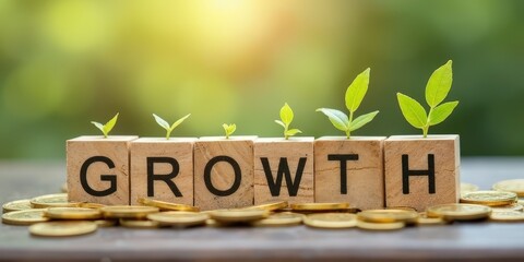 Growth Sprouts: A symbol of financial prosperity and sustainable success, the word "GROWTH" is spelled out with wooden blocks, each adorned with a sprouting plant, surrounded by a bed of gold coins.