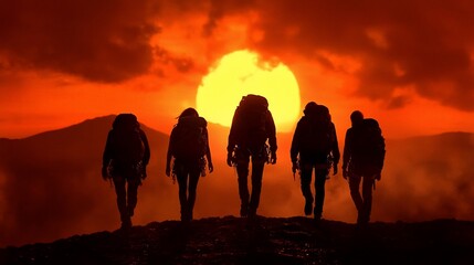 Hikers silhouetted against a vibrant sunset.