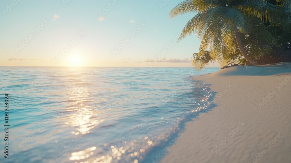 Wall mural a serene beach at sunrise with gentle waves lapping at soft white sand. palm trees sway in the warm 