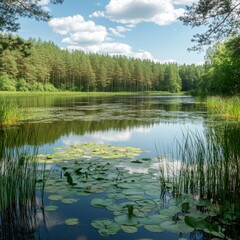 Obraz premium Serene lake scene with clean water, grass, foliage near woods