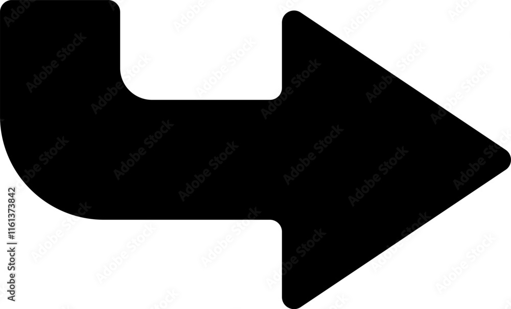 Poster simple black arrow curving and pointing to the right, serving as an isolated vector illustration on 
