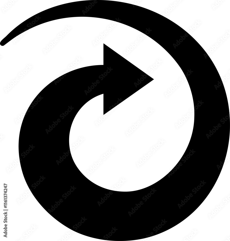Poster rotating arrow completing a full turn, symbolizing reload or reset, presented as a clean black and w