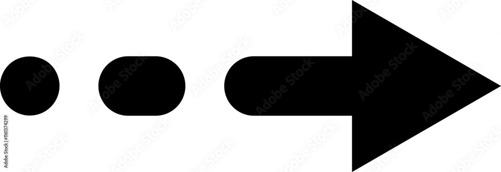 Poster minimalist black arrow pointing right, preceded by two dots and a rounded rectangle, ideal for repre