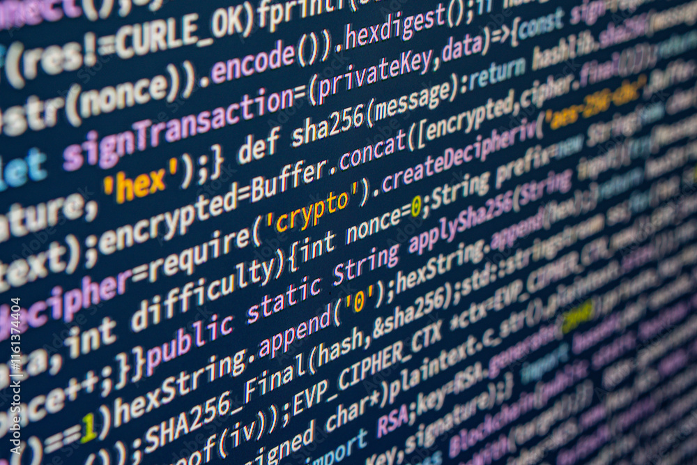 Fototapete image showcases a high-resolution, blurred background photo of a computer screen displaying cryptogr