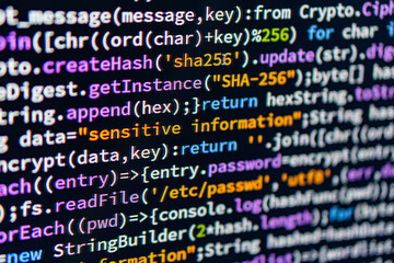 Sensitive information. Close-up image of JavaScript code, including variables, conditionals, and function calls, with cryptographic elements such as SHA-256 and hash functions