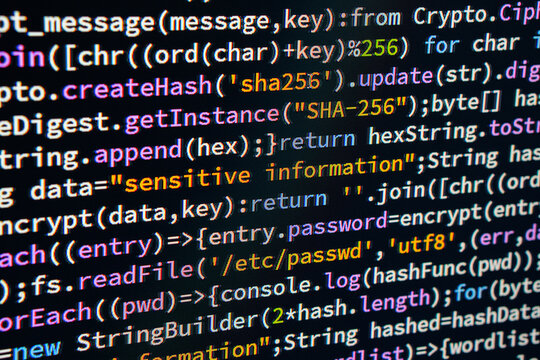Sensitive information. Close-up view of colored code in IDE, annotated with comments, using multiple colors for readability, dense text, high resolution, textual information only, dark background