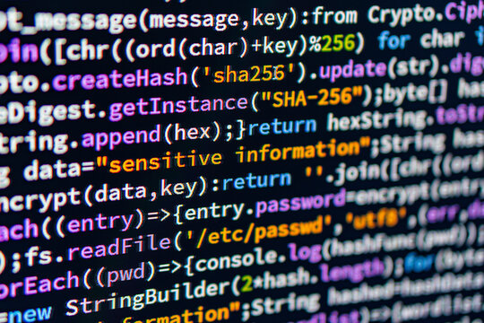 Sensitive information. Close-up image of JavaScript code, including variables, conditionals, and function calls, with cryptographic elements such as SHA-256 and hash functions