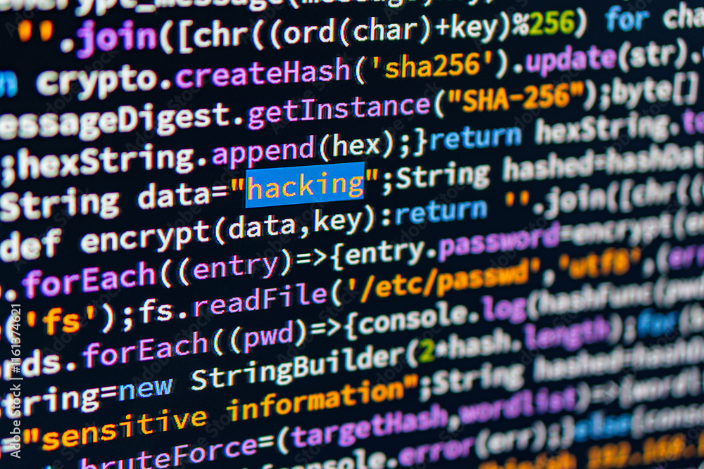 Fototapete close-up view of multi-colored computer code on a light gray background, indicative of programming l