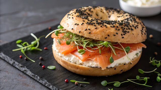 Delicious bagel topped with cream cheese and layered lox garnished with fresh sprouts on a rustic tabletop