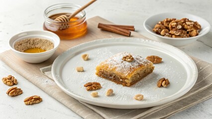 Delicate porcelain plate showcasing a sweet dessert with nuts and honey, perfect for a cozy afternoon tea