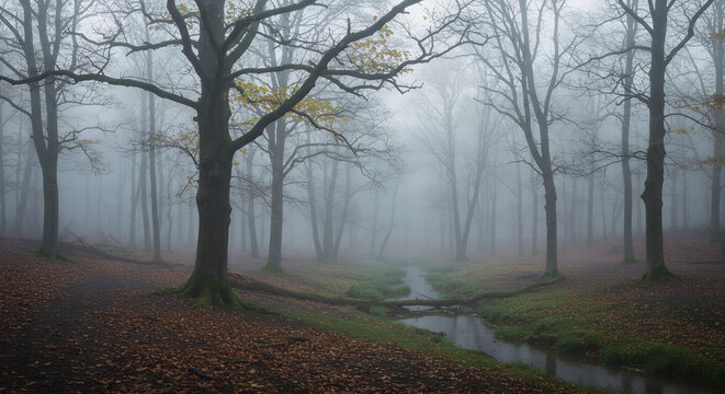 Enchanting Foggy Forest Path with Autumn Leaves and Stream