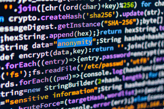 Anonymity. colorful Python code on a computer monitor, highlighting strings and functions Key term ANONYMITY stands out for potential variable or function related to anonymity Set in professional